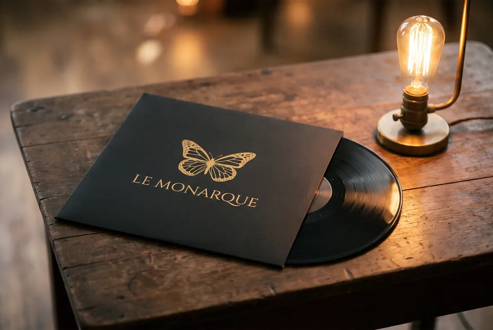 Un vinyle noir au papillon d’or, titré Le Monarque.