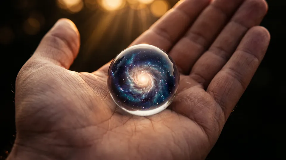 Une main ouverte tient une bille de verre qui contient une galaxie.