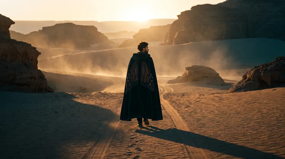 À l’aube, un homme seul s’éloigne dans le désert, vêtu d’un long manteau sombre.