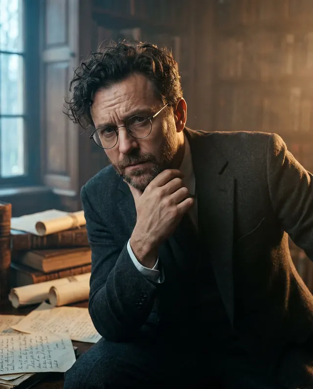 Un homme à lunettes, le menton dans la main, entouré de livres et de listes.