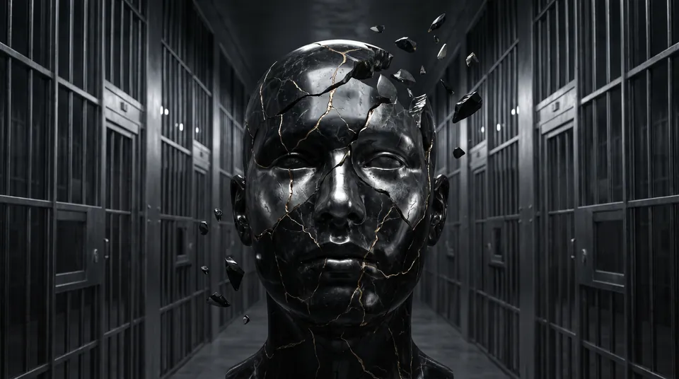 Un visage de pierre noire fissuré d’or, devant des rangées de grilles identiques.