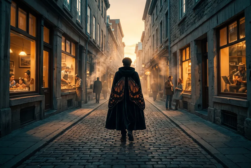 Une rue ancienne le soir ; le Monarque s’éloigne de dos entre les fenêtres éclairées.