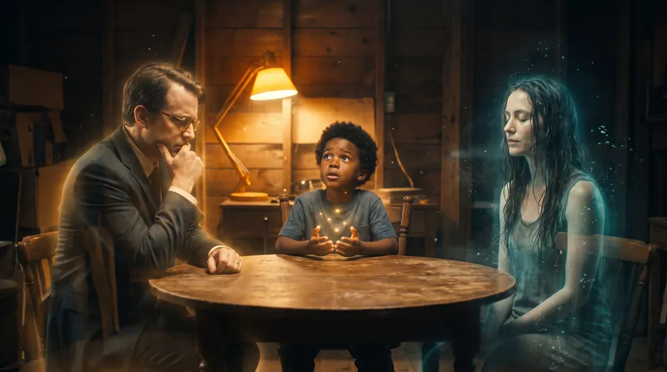 Trois figures autour d’une table : un homme à lunettes qui analyse, un enfant qui assemble des lumières, une femme aux yeux fermés.