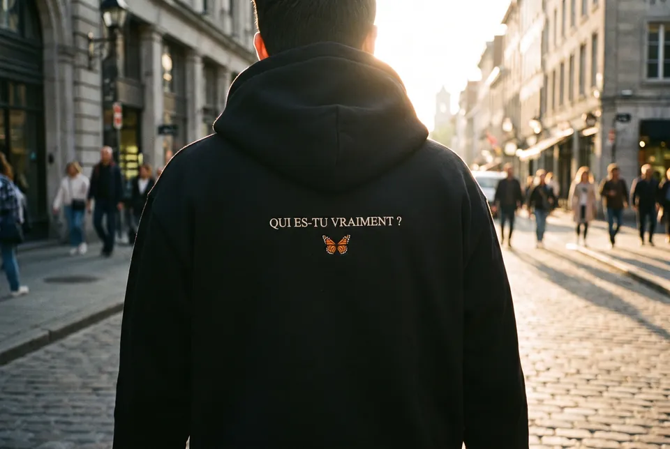 Un sweat noir vu de dos, brodé « Qui es-tu vraiment ? ».